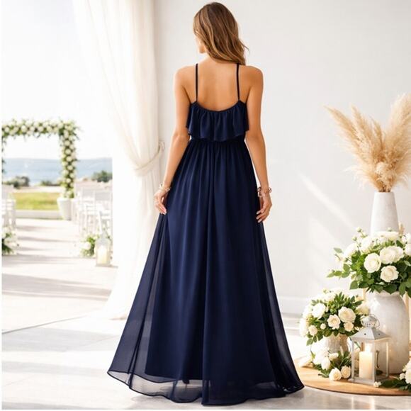 Show Me Your MuMu Rebecca Ruffle Dress XS Navy Bridesmaid Dress Blue - Picture 2 of 10